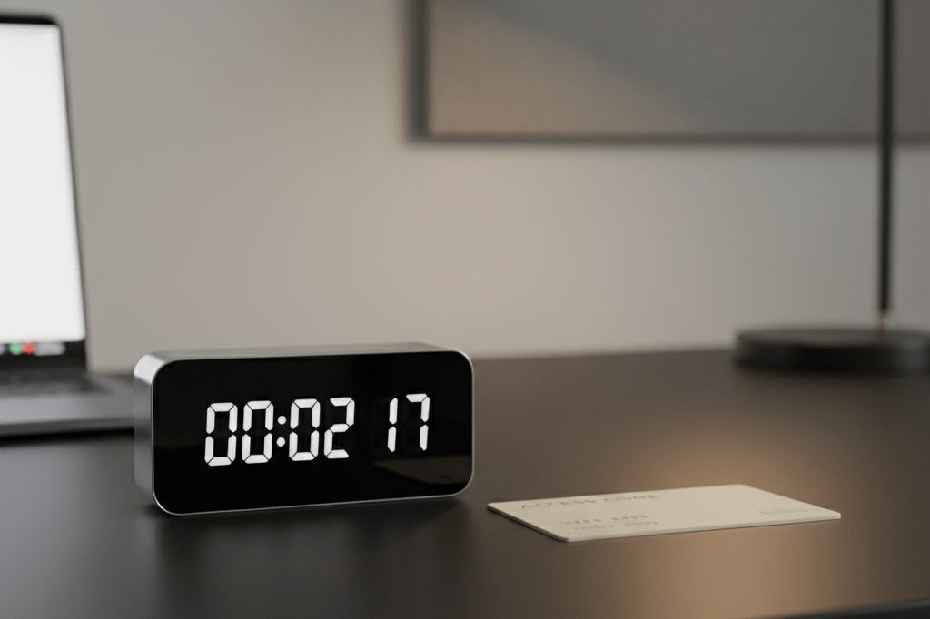 Medium shot of a white digital countdown timer and embossed access code card on a black desk under natural and warm ambient light