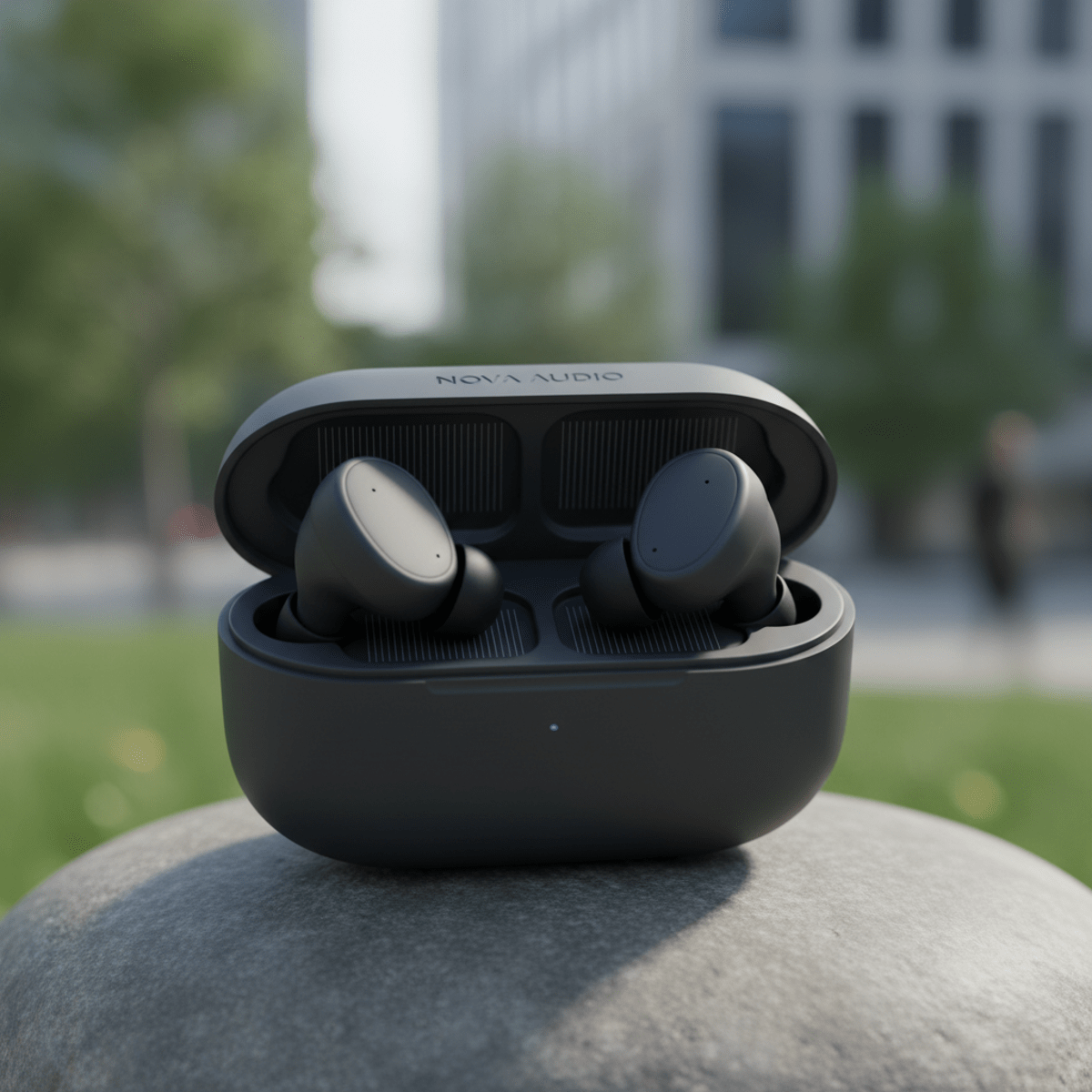 Sleek matte dark grey recycled plastic earbuds in a solar-powered charging case.