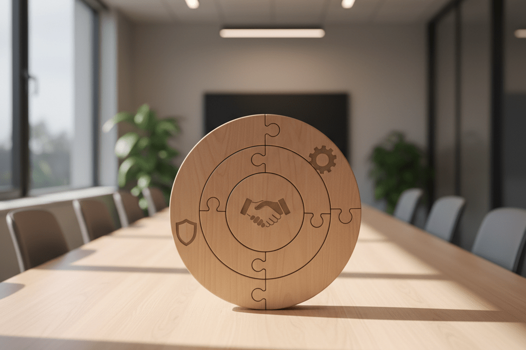 Medium shot of wooden puzzle pieces in three concentric tiers on a conference table, symbolizing structured B2B relationship prioritization under natural light