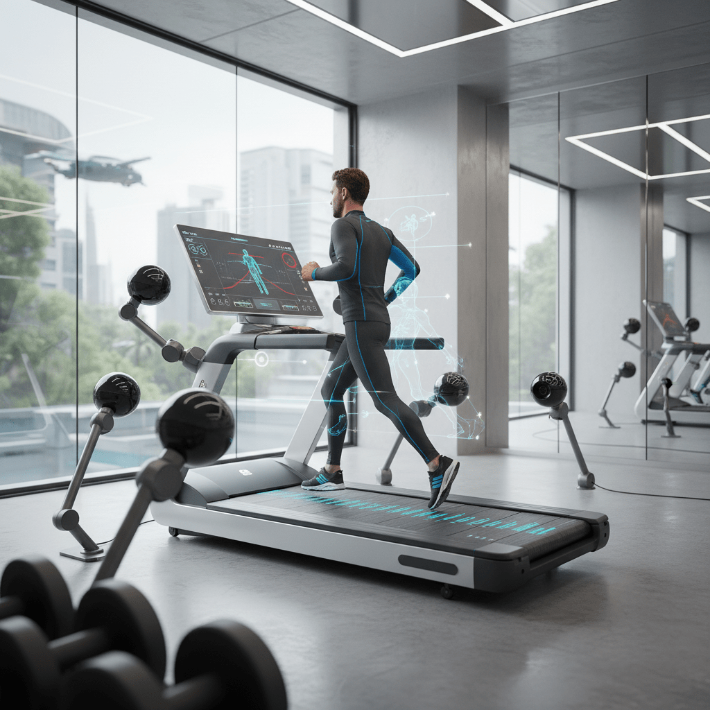 High-tech treadmill in a futuristic gym analyzing runner's biomechanics with interactive displays.