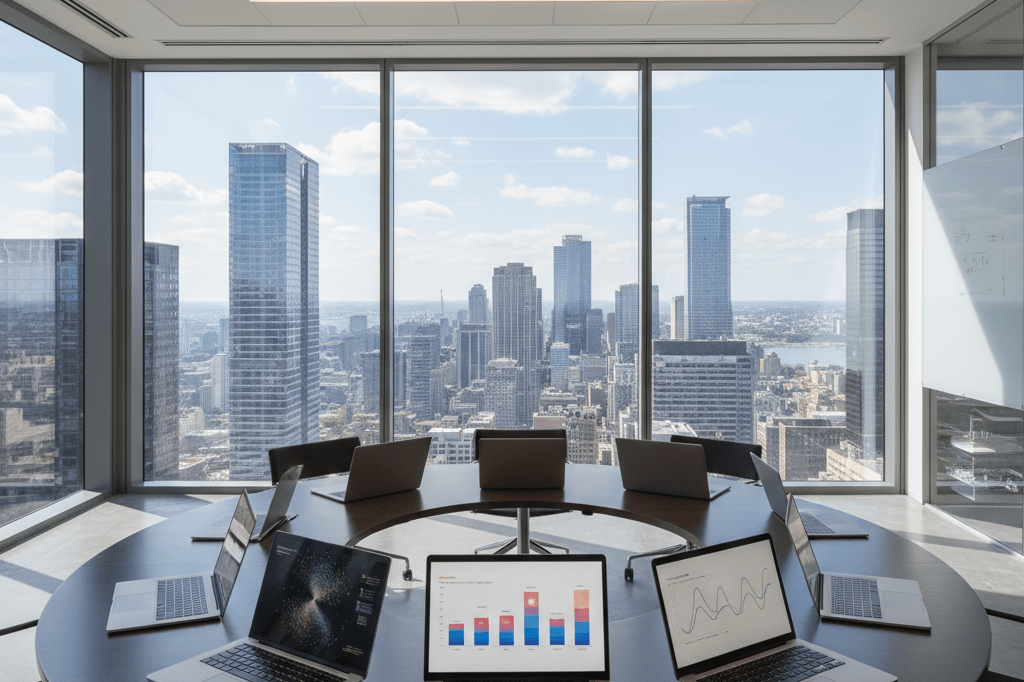 Sunlit conference table with laptops displaying probability graphs under natural and ambient light, highlighting strategic planning environments