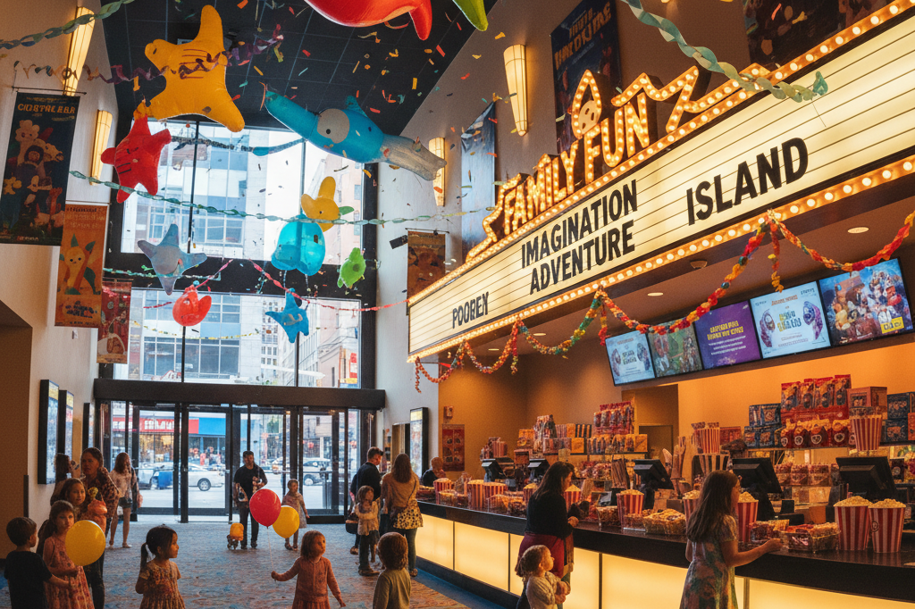 Vibrant movie theater lobby with families enjoying concessions under marquee lights, showcasing family-friendly cinema experience