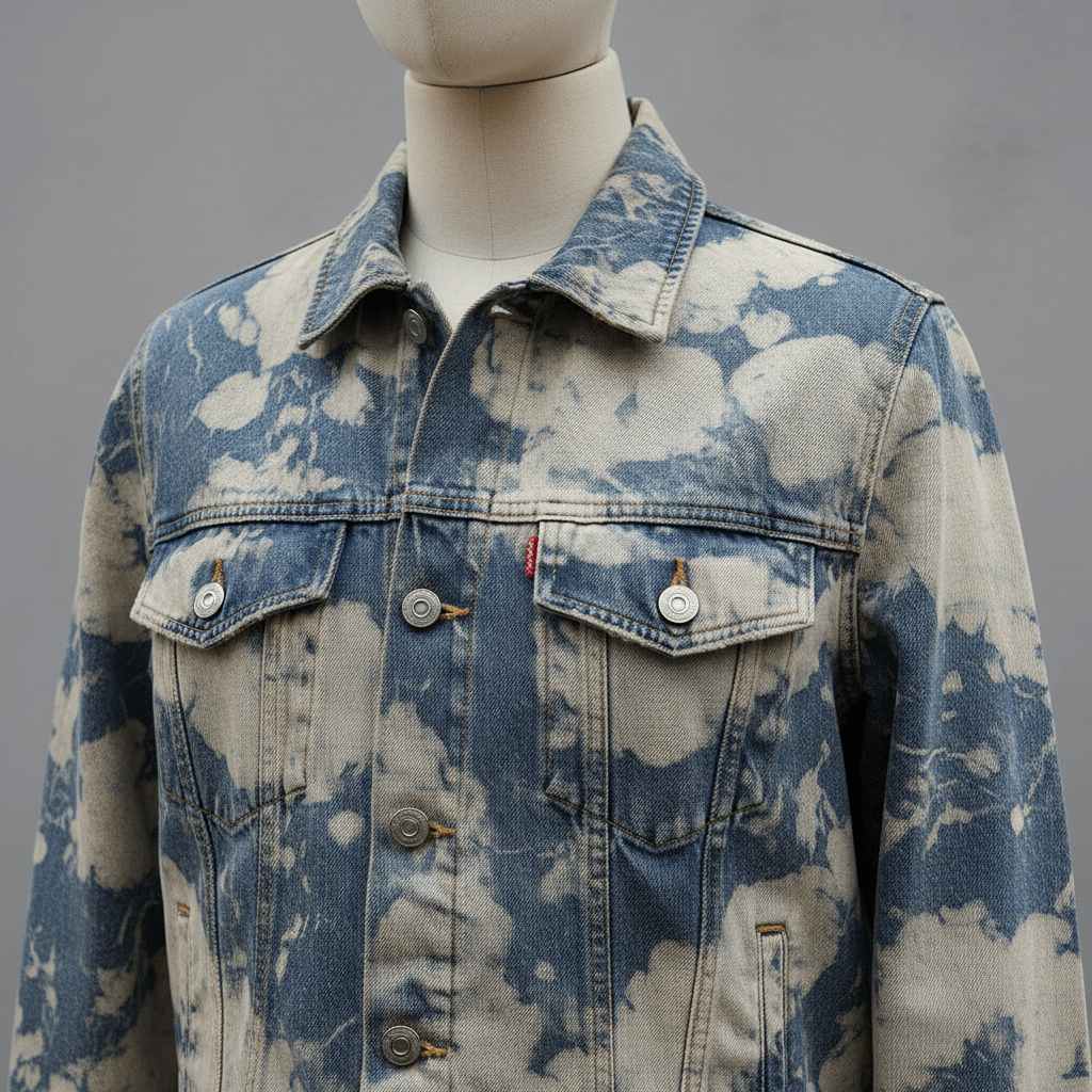 Premium denim jacket with cloud wash and marble dye patterns on a neutral backdrop.