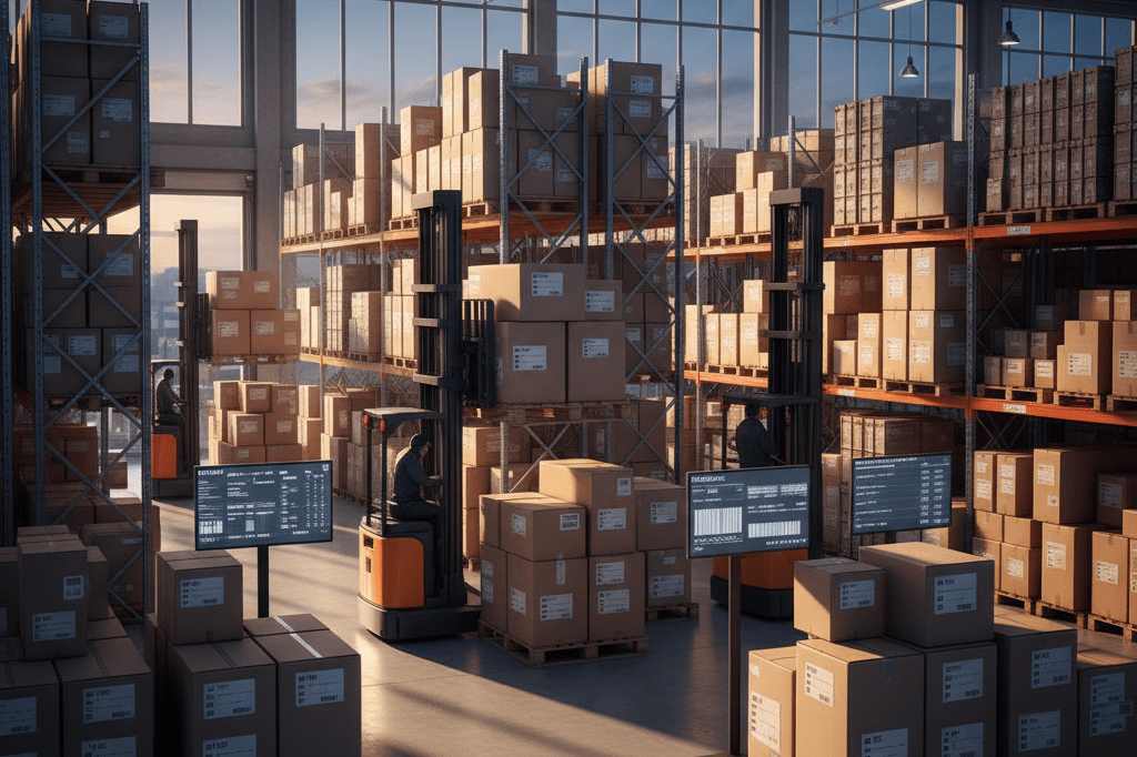 Warehouse operations amidst seasonal time change disruptions Busy logistics warehouse with stacked boxes and machinery under ambient lighting, highlighting time-sensitive shipment challenges