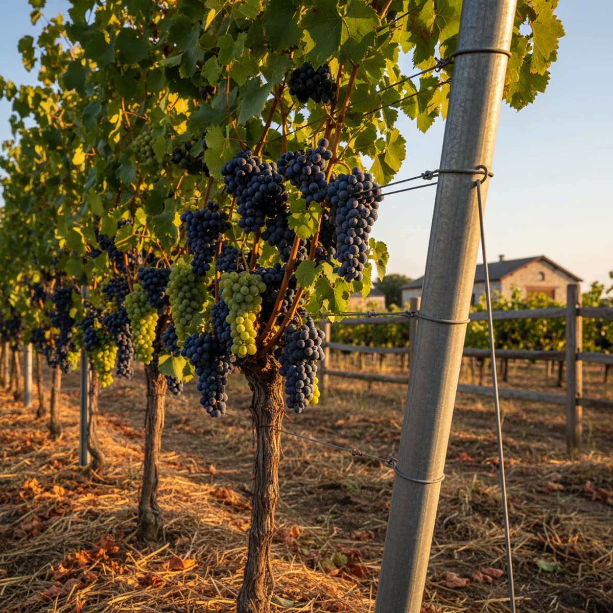 Ripe grape clusters hang heavy on vines supported by galvanized t-posts.