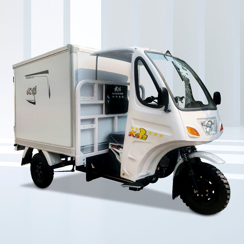 Three wheel Handlebar controlling cabin tricycle/ closed container cargo box tricycle/three wheel refrigerator cargo tricycle