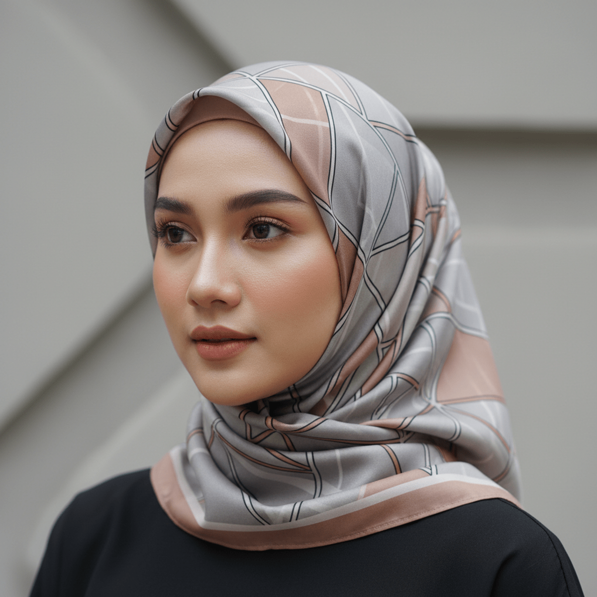 Modern hijab with geometric digital art and metallic tones. Woman in a square hijab with sharp angles and metallic digital art prints.