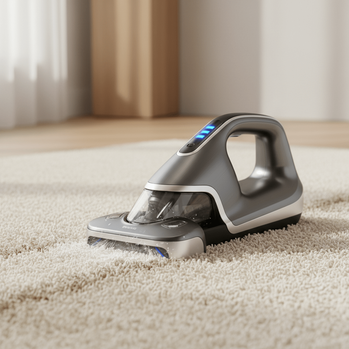High-performance cordless carpet cleaner on plush carpet Cordless handheld carpet cleaner in action on a plush cream carpet.