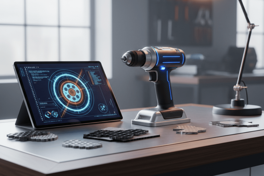 Cordless tool and advanced materials on a desk under natural light, symbolizing space tech transfer