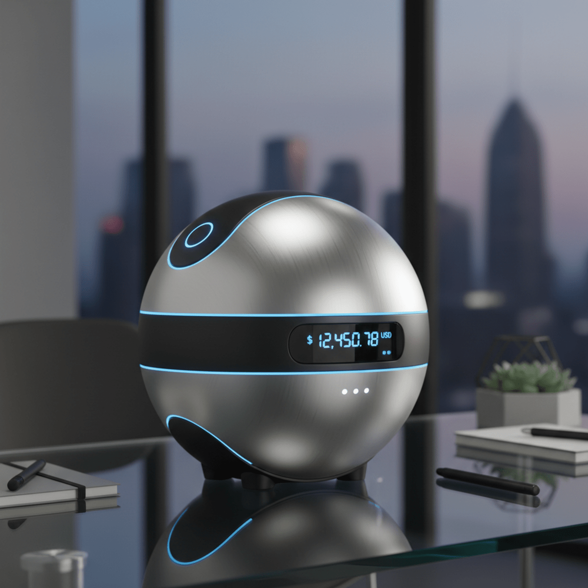 Sleek futuristic piggy bank on a modern home office desk. Futuristic spherical piggy bank with digital display on a modern glass desk.