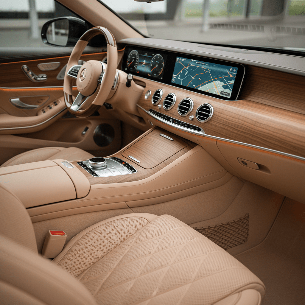 Refined car interior featuring cream quilted leather seats and smooth wood trim.