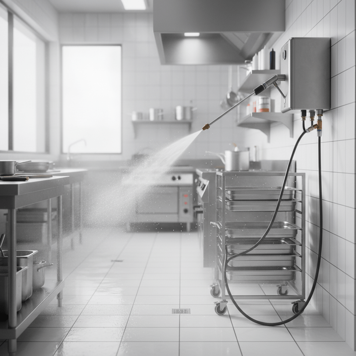 Stainless steel power washer sanitizing commercial kitchen with hot water spray.
