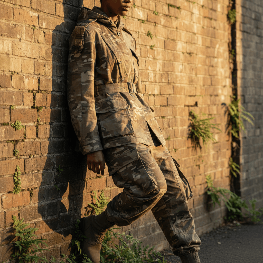 Model in sustainable fashion combat uniform against urban brick wall at golden hour.