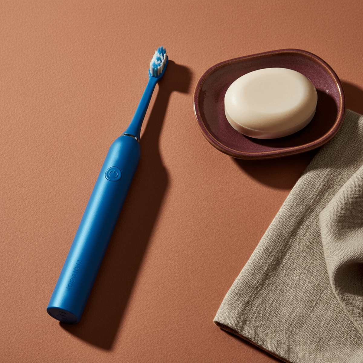 Vibrant cobalt blue toothbrush with matte texture on dusty terracotta backdrop.