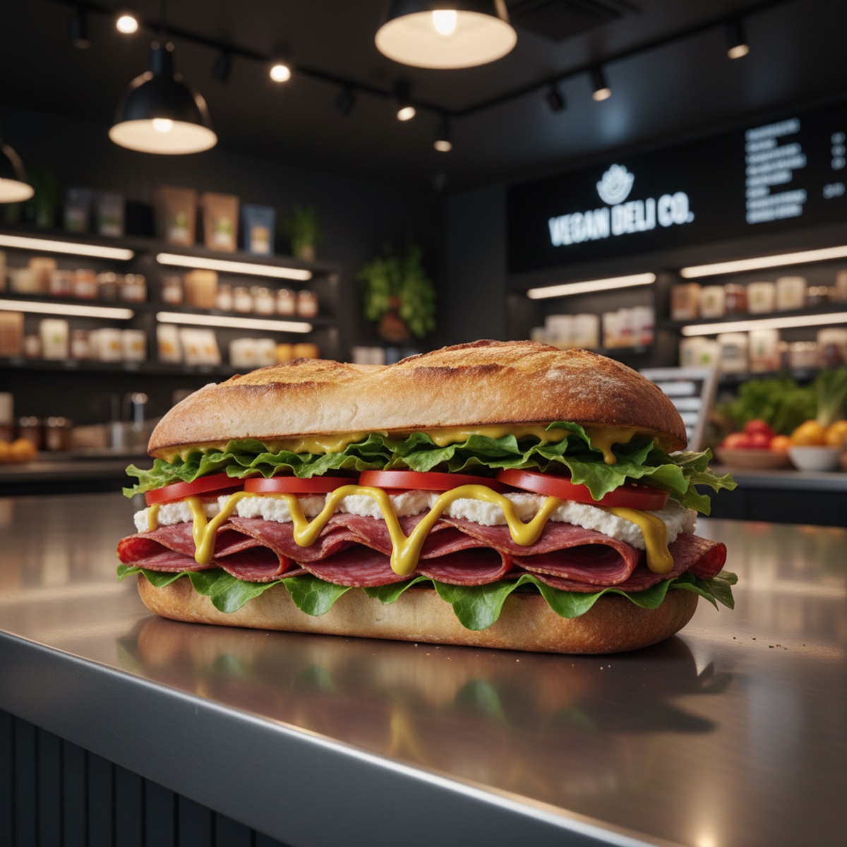 Artisanal vegan deli sandwich with realistic plant-based meats and vibrant toppings on a steel counter.