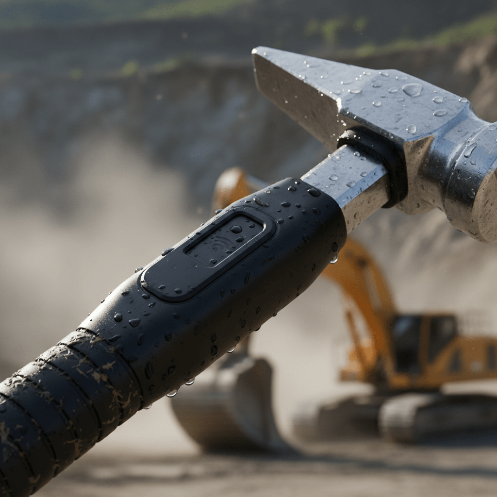 Geological hammer handle with embedded NFC module, showing mud and moisture droplets.