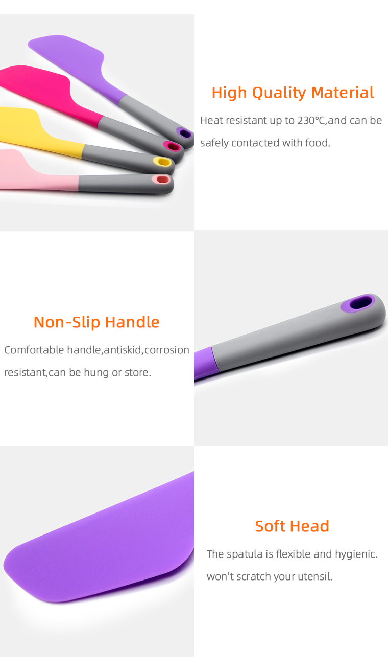 OEM color high quality non-slip handle soft head 100% food grade silicone spatula