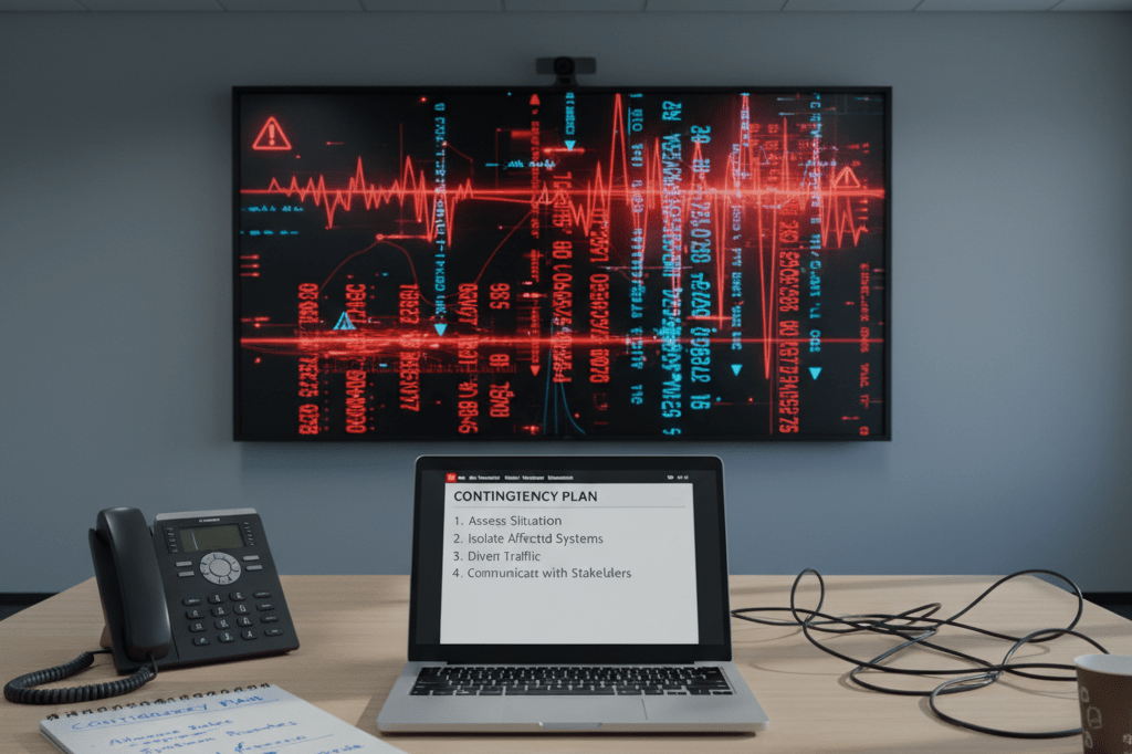 Modern office workspace managing sudden transport network disruptions Empty office desk with alert dashboard and emergency plans under ambient light symbolizing business continuity