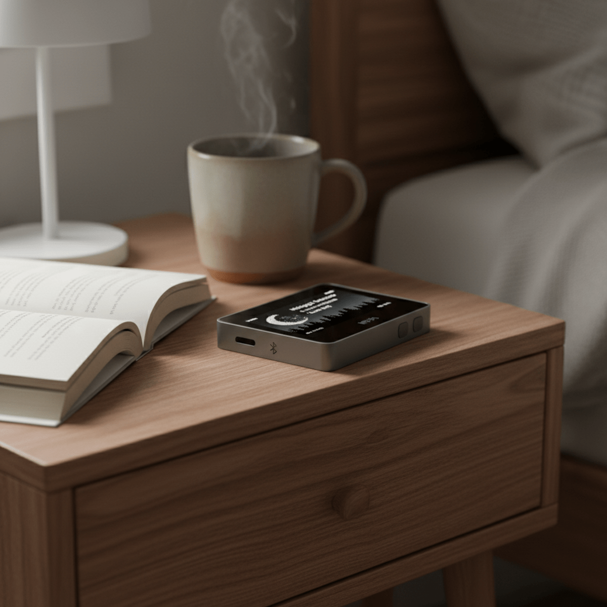 Sleek minimalist MP3 player with E-ink display on a nightstand.