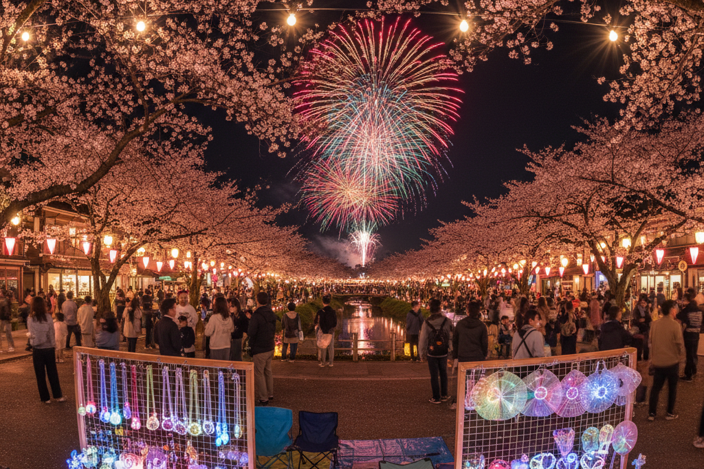 Festival scene with glowing cherry blossoms, light-up accessories, and fireworks reflecting consumer demand for evening celebration products