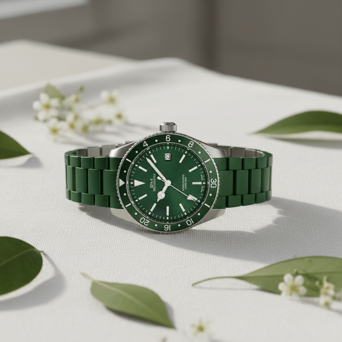 Elegant forest green GMT watch with sunburst dial on white linen with botanical accents.