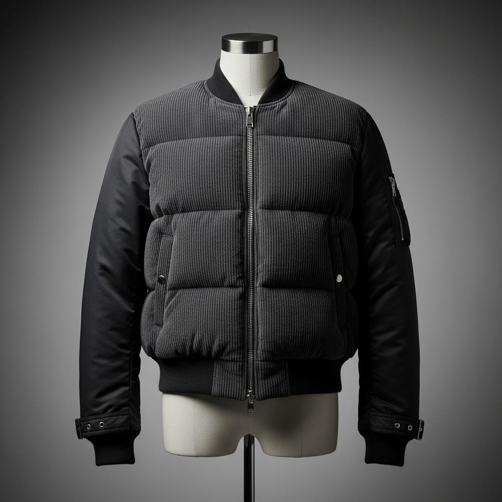 Close-up of a charcoal ribbed bomber jacket with smooth black sleeves on a mannequin.