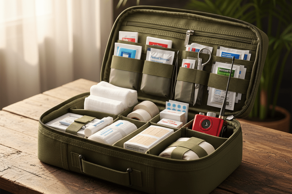 Specialized travel medical kit for high-risk tourist destinations Open travel medical kit with wound care supplies on a wooden table under natural light