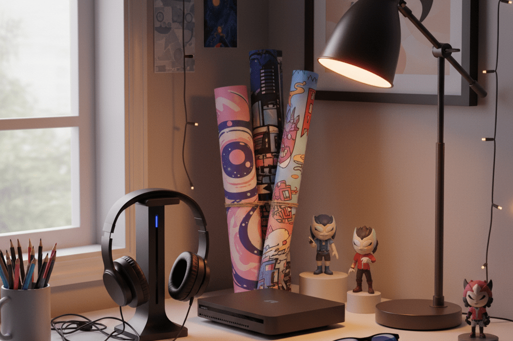 Youth-focused desk setup with generic streaming memorabilia under warm ambient light symbolizing modern media consumption trends
