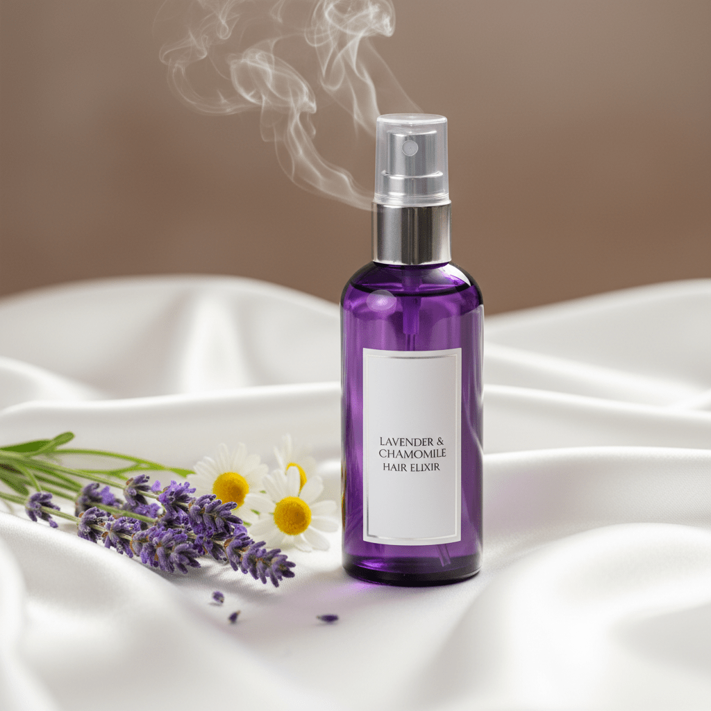 Luxurious hair growth oil spray bottle with lavender and chamomile on silk.