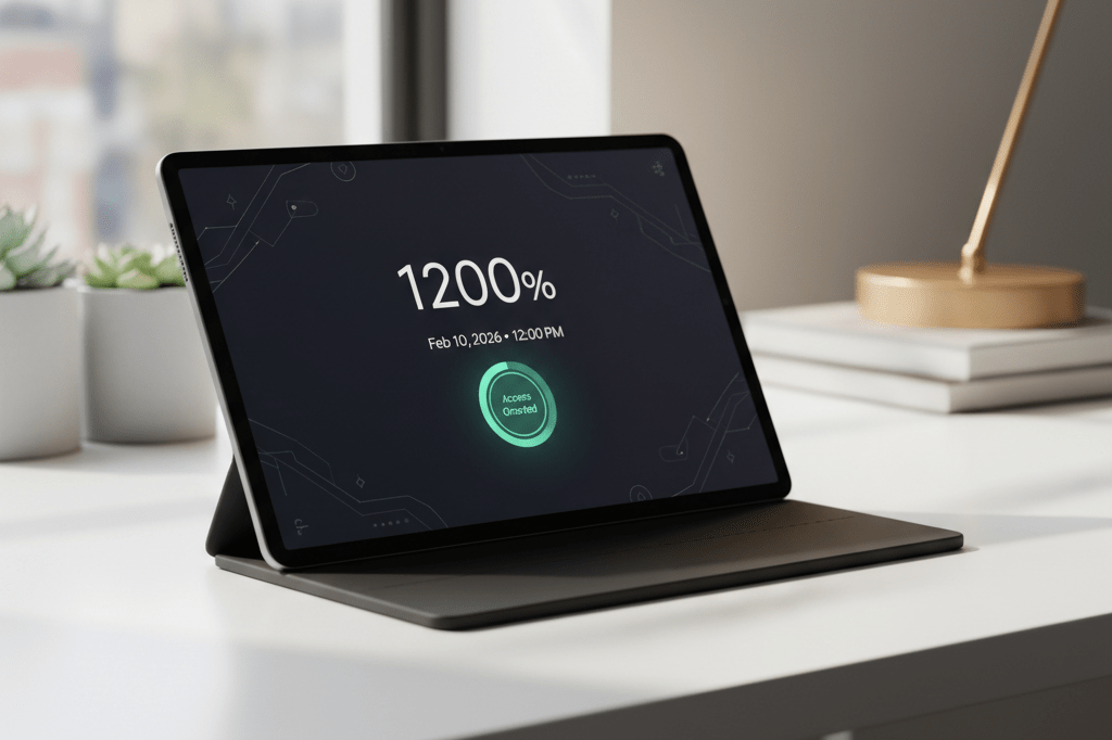 Medium shot of a tablet showing a clean digital queue interface with a February 2026 countdown timer and access confirmation