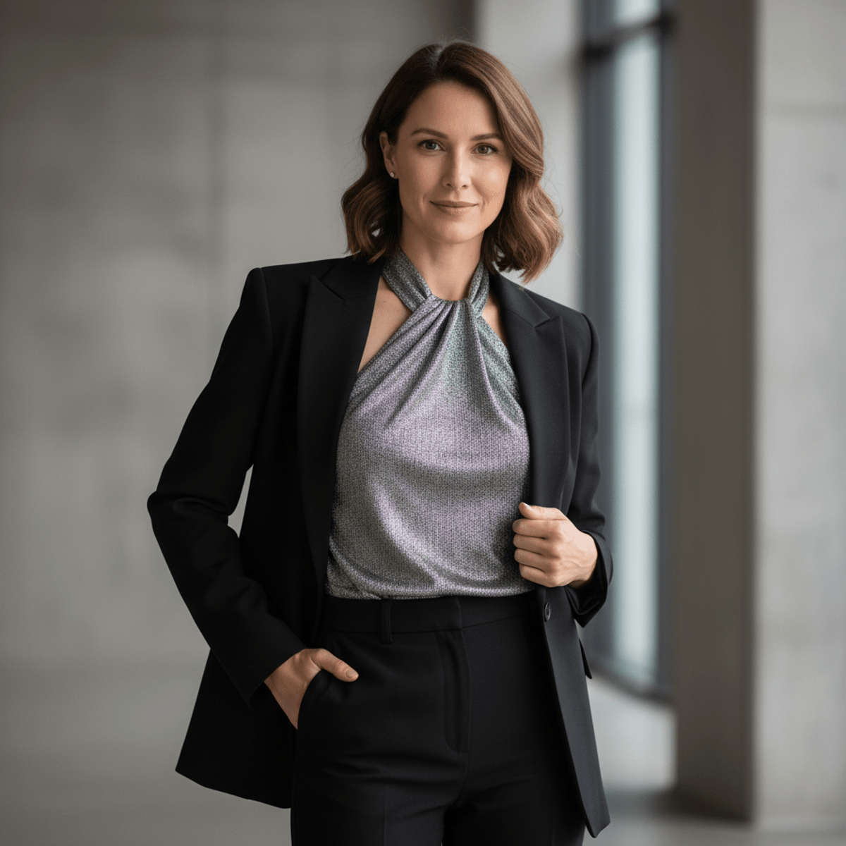 Woman in silver metallic knit top and black blazer in modern office.