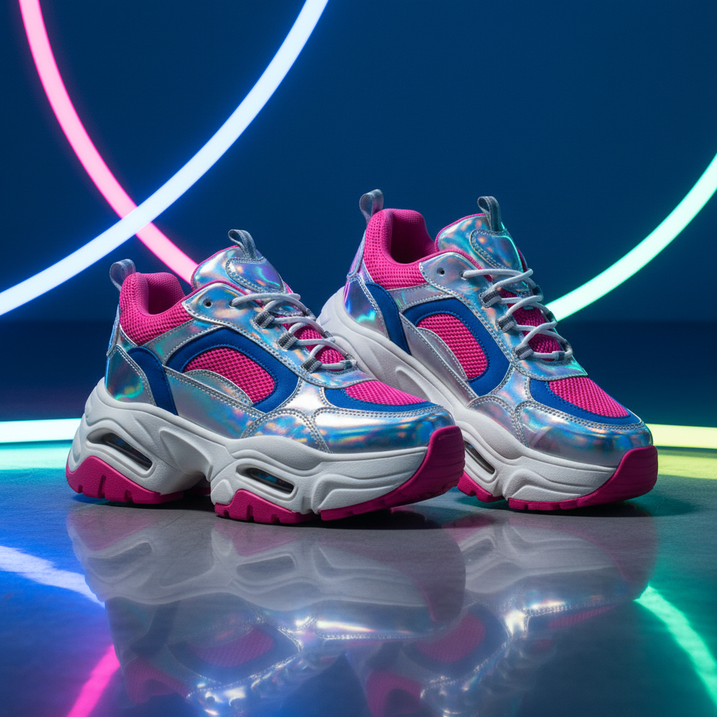 Futuristic chunky platform sneakers with metallic sheen and iridescent overlays.