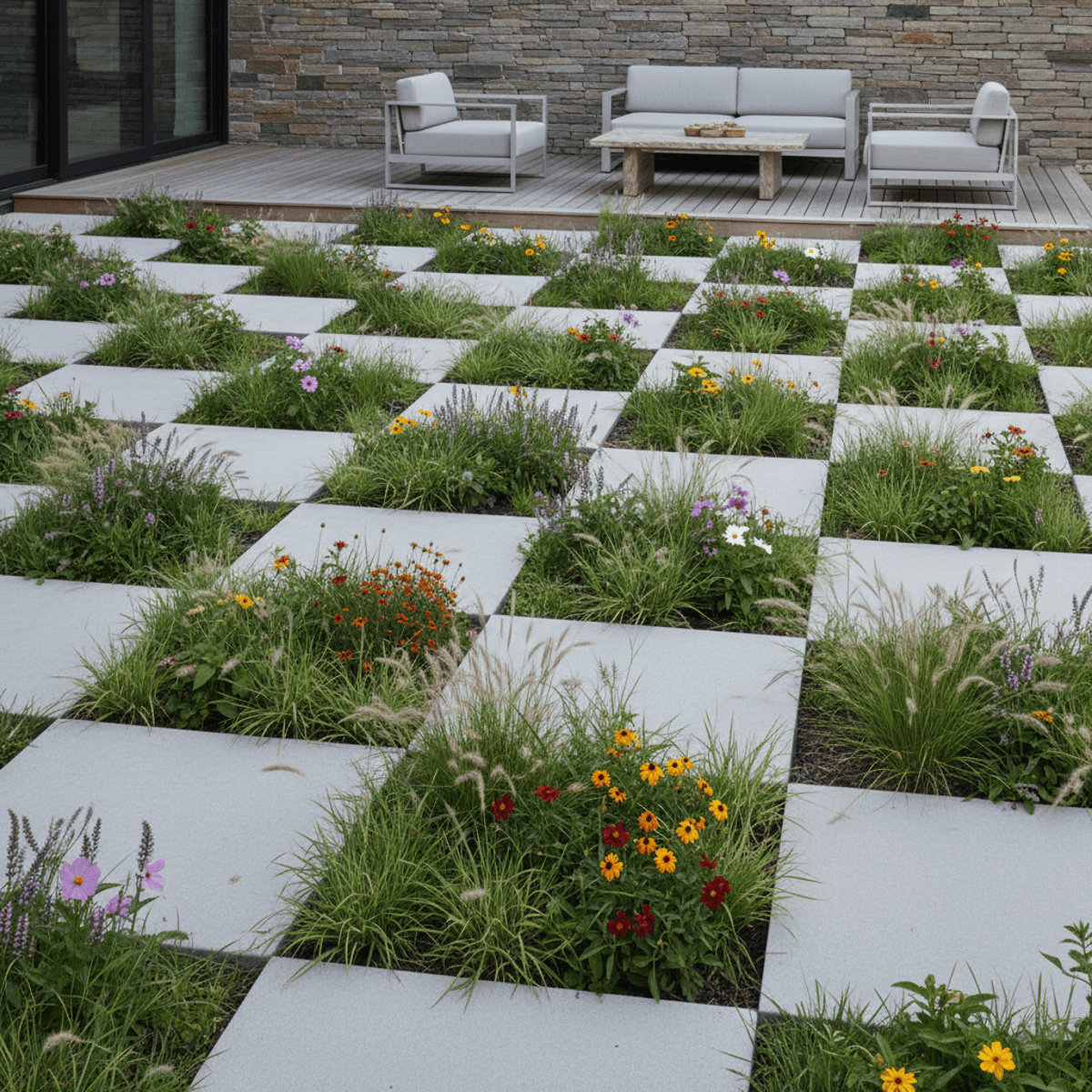 Contemporary outdoor courtyard with concrete pavers and integrated planters filled with ornamental grasses.