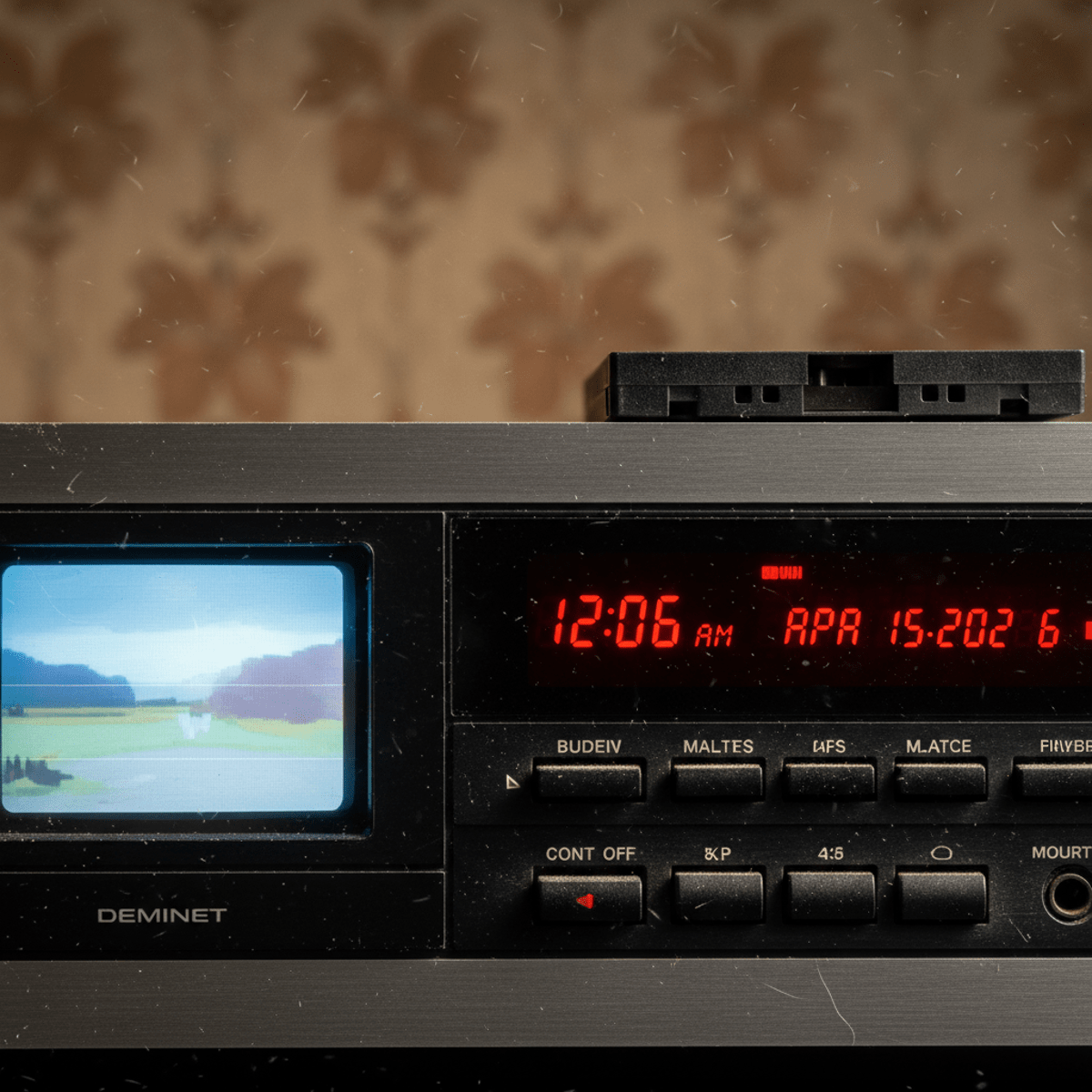 Close-up of a vintage VCR player with a cassette tape and glowing red digital display.