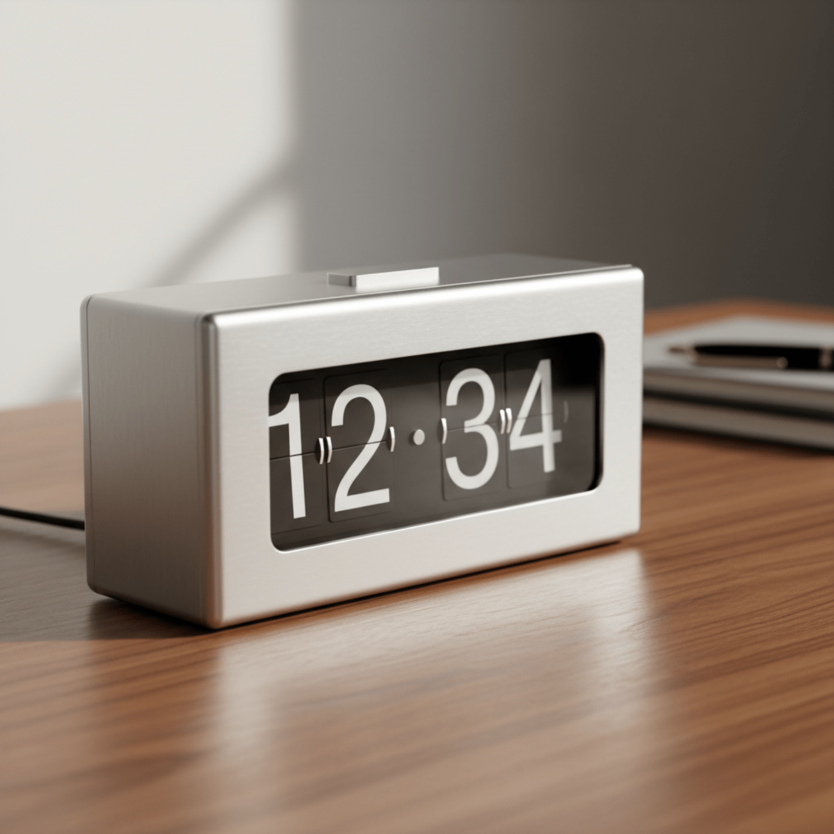 Modernized retro flip clock with brushed aluminum on a walnut desk.