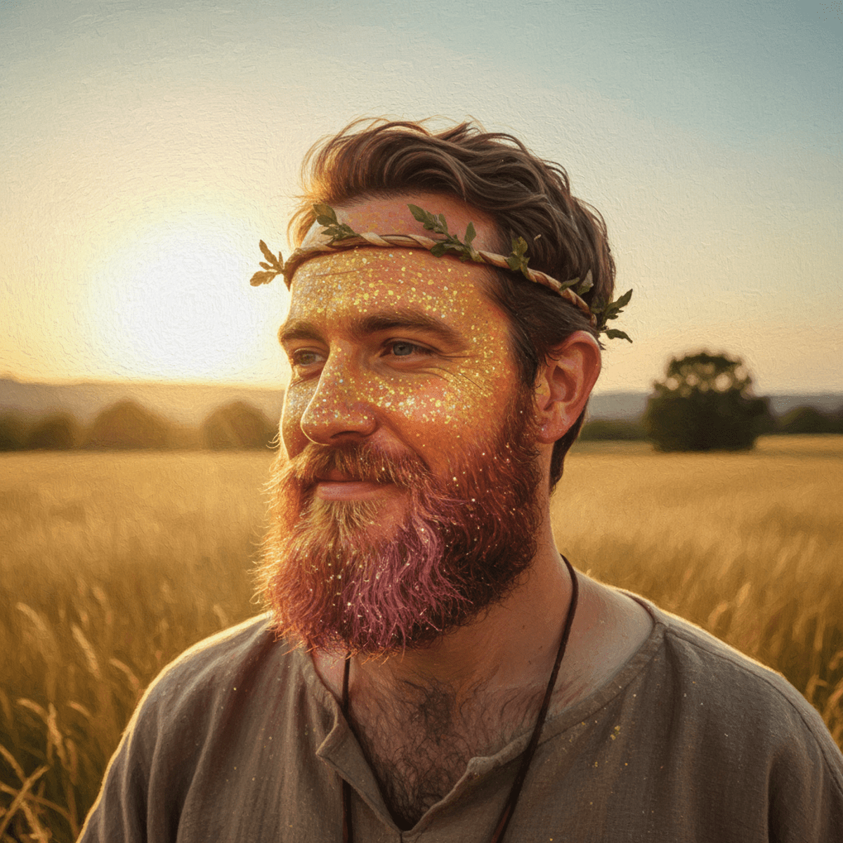 Man with biodegradable glitter beard, ombre sunset glow, in a field at golden hour.