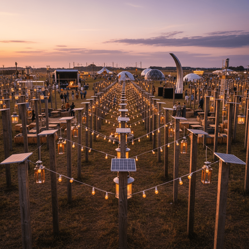 Open field festival setting with t-posts and solar lanterns under golden hour sunlight.