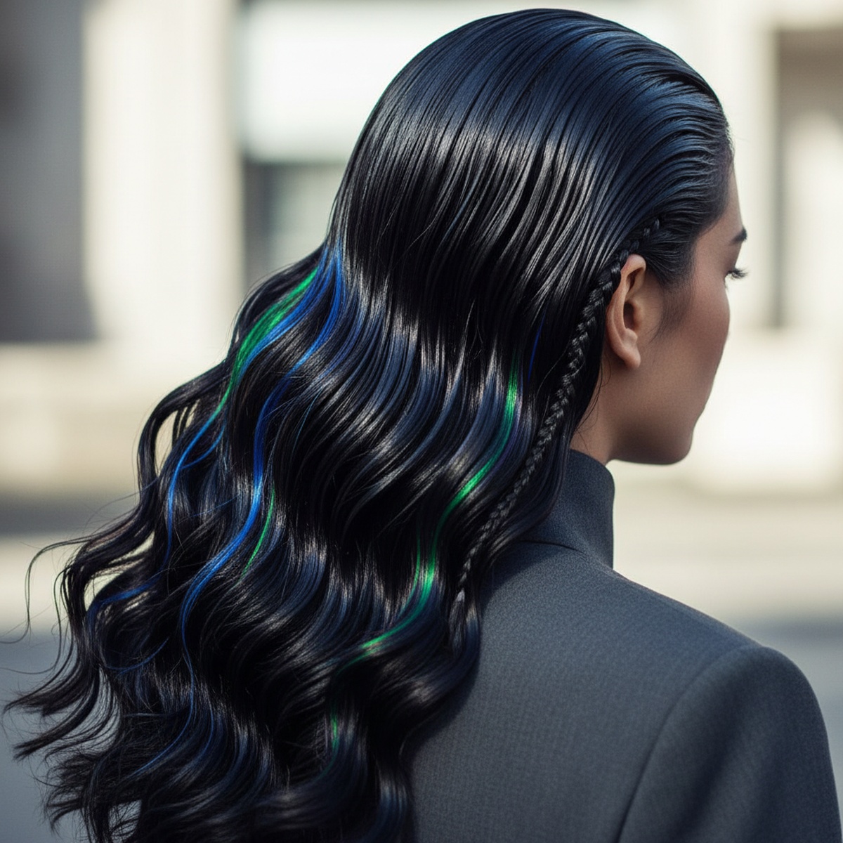 Slick, dark hair with vibrant sapphire, violet, and emerald jewel tones revealed.
