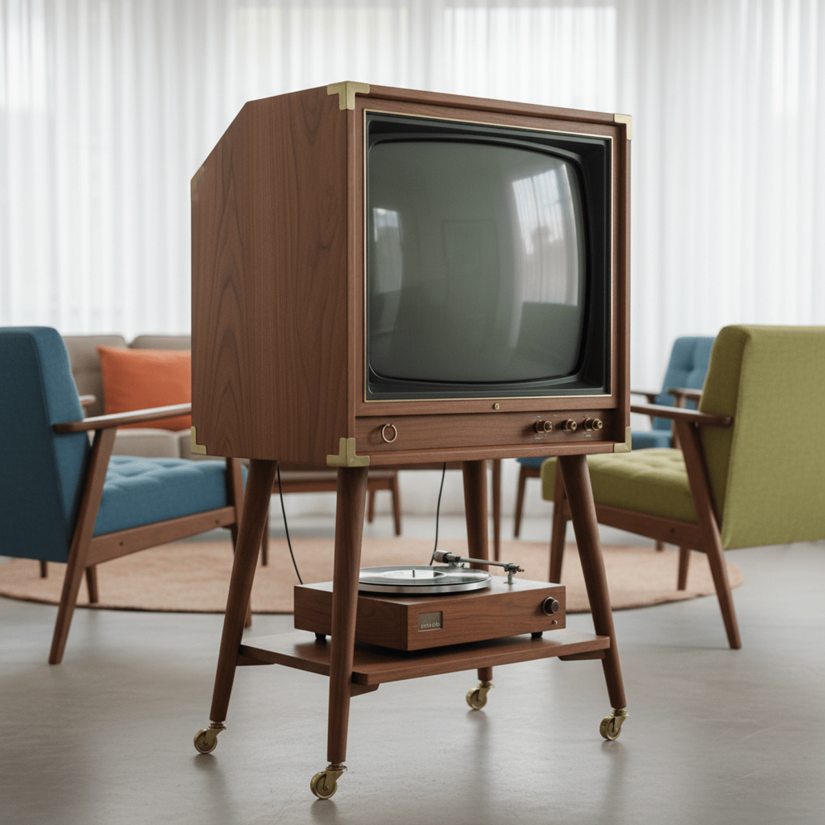 Portable TV stand with walnut wood, tapered legs, and brass casters in a modern living room.