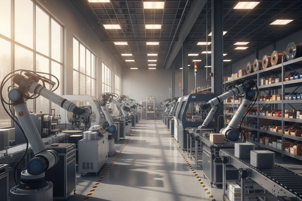 Wide-angle view of automated machinery in a semiconductor plant under natural lighting, symbolizing industry challenges