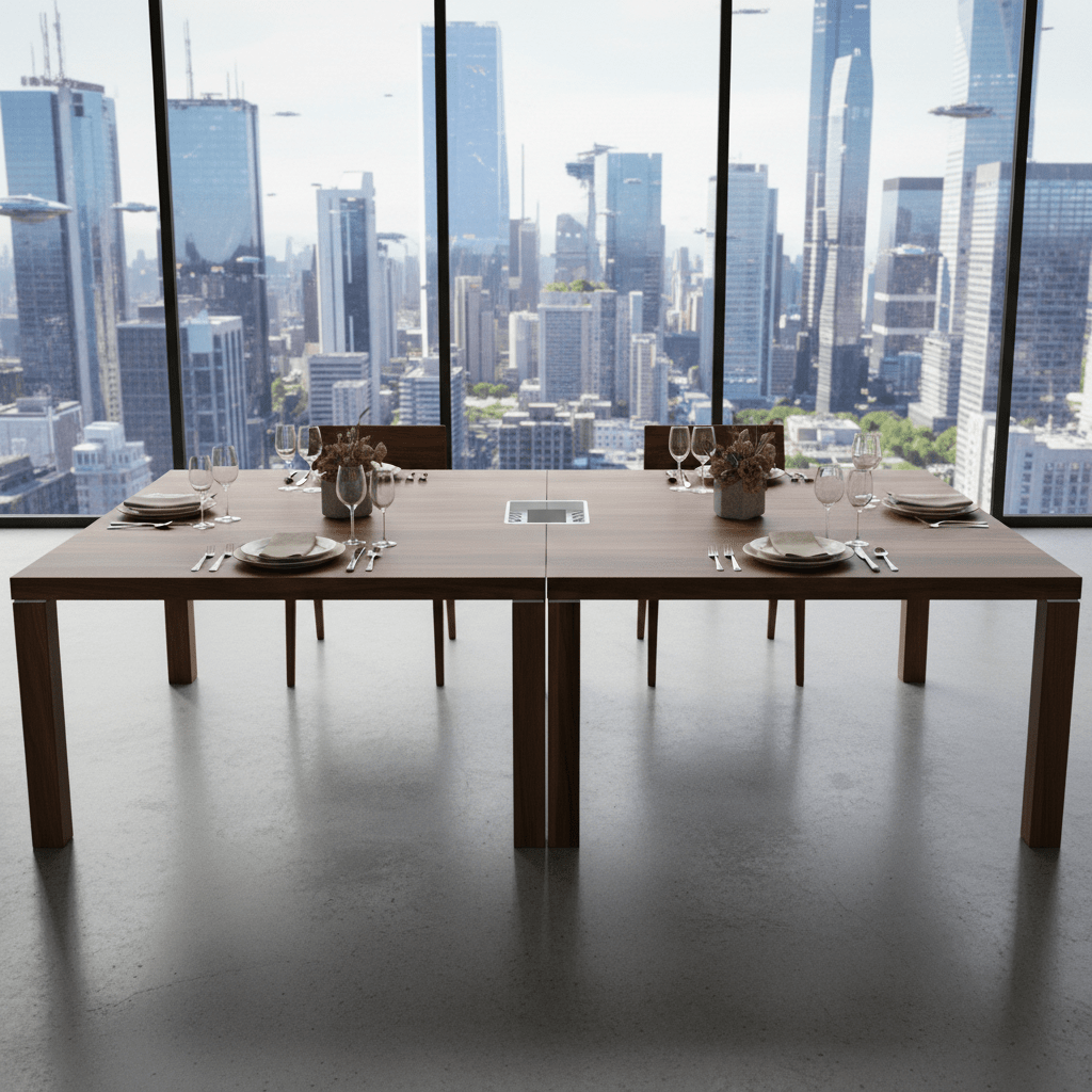 Luxurious walnut dining tables with city skyline view Two contemporary walnut dining tables with hidden magnetic connectors and city skyline view.
