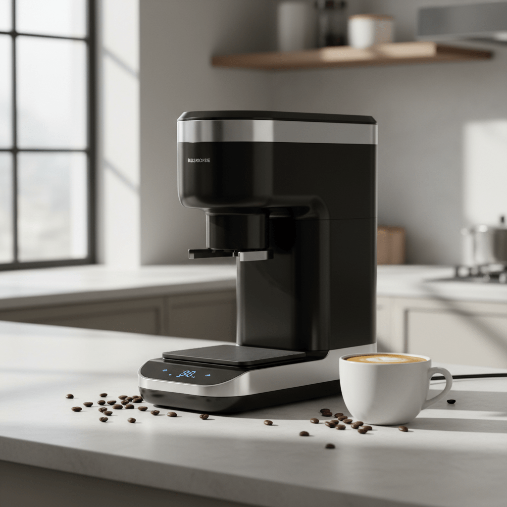 Sleek modern coffee grinder with integrated digital scale on a clean kitchen countertop.