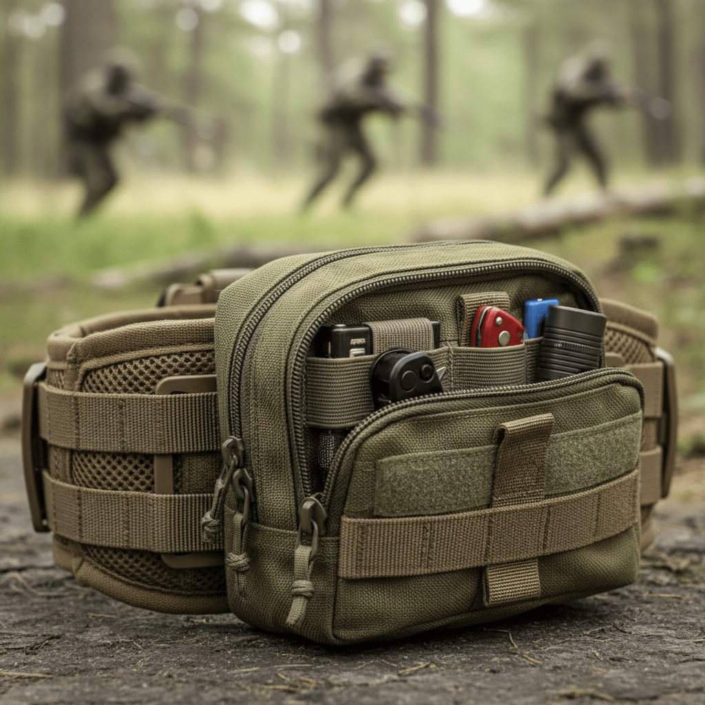 Compact tactical utility pouch on a battle belt with tools and batteries inside.