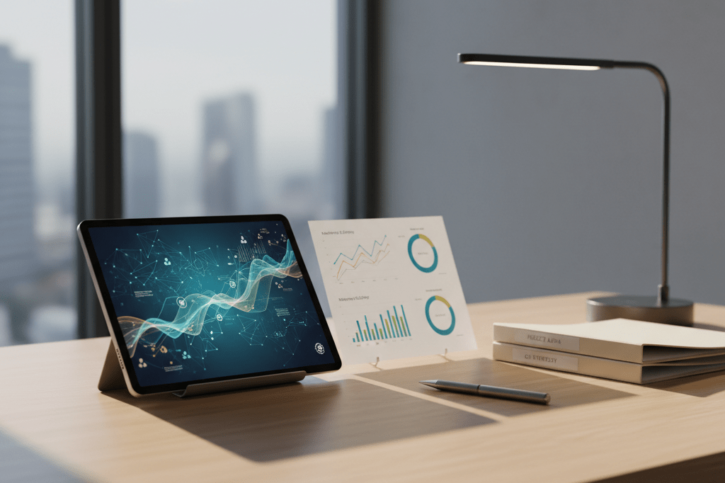 Empty finance desk with tablet showing data charts under natural light, symbolizing operational efficiency