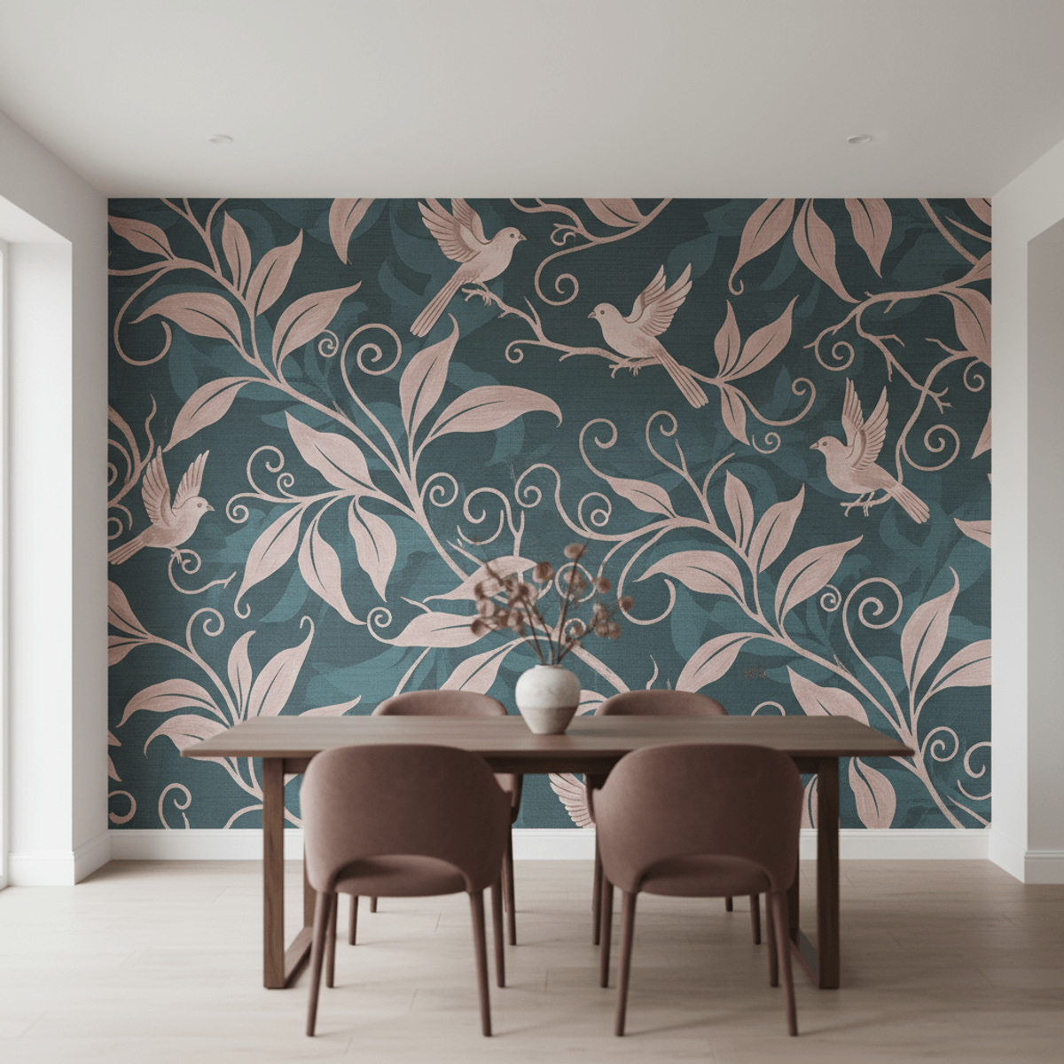 Trendy Chinoiserie wallpaper for a stylish dining room Modern Chinoiserie wallpaper mural with exotic birds and vines on a dining room wall.
