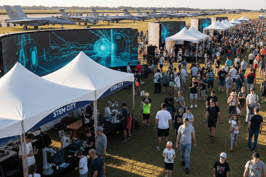 Wide view of an aviation event featuring interactive tech displays and visitor interaction under natural lighting