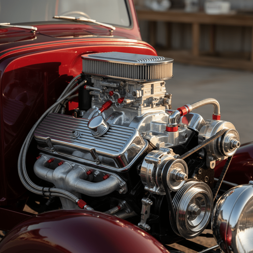 Polished crate engine with chrome details in a vintage hot rod, showcasing craftsmanship.