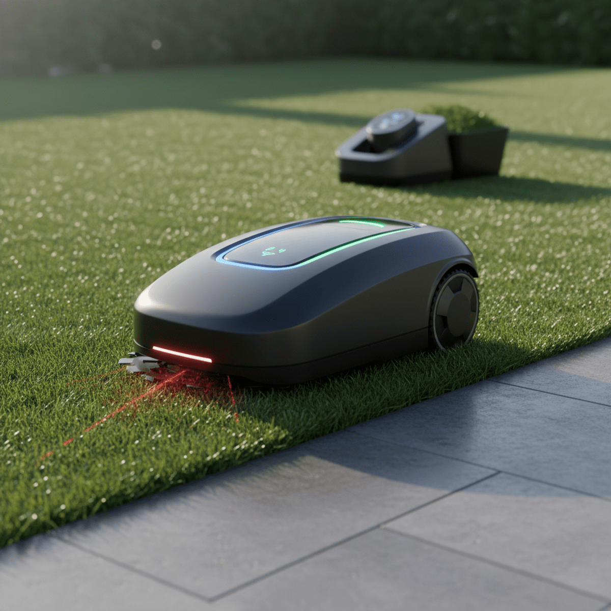 Futuristic robot precisely trims lawn edges with glowing indicators at dawn.