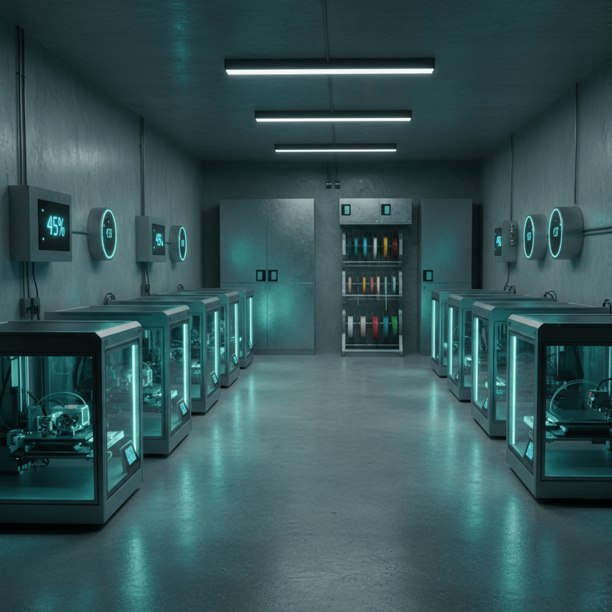 Futuristic lab with rows of glowing 3D printers creating mechanical parts.