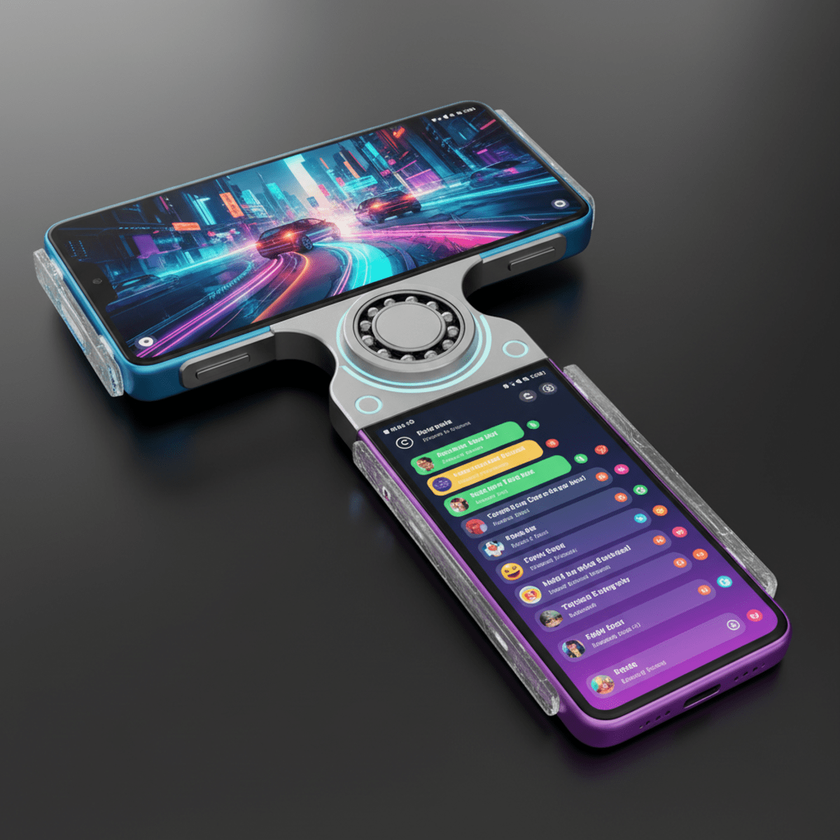 Futuristic T-shaped phone with dual screens, one for video, one for social media.